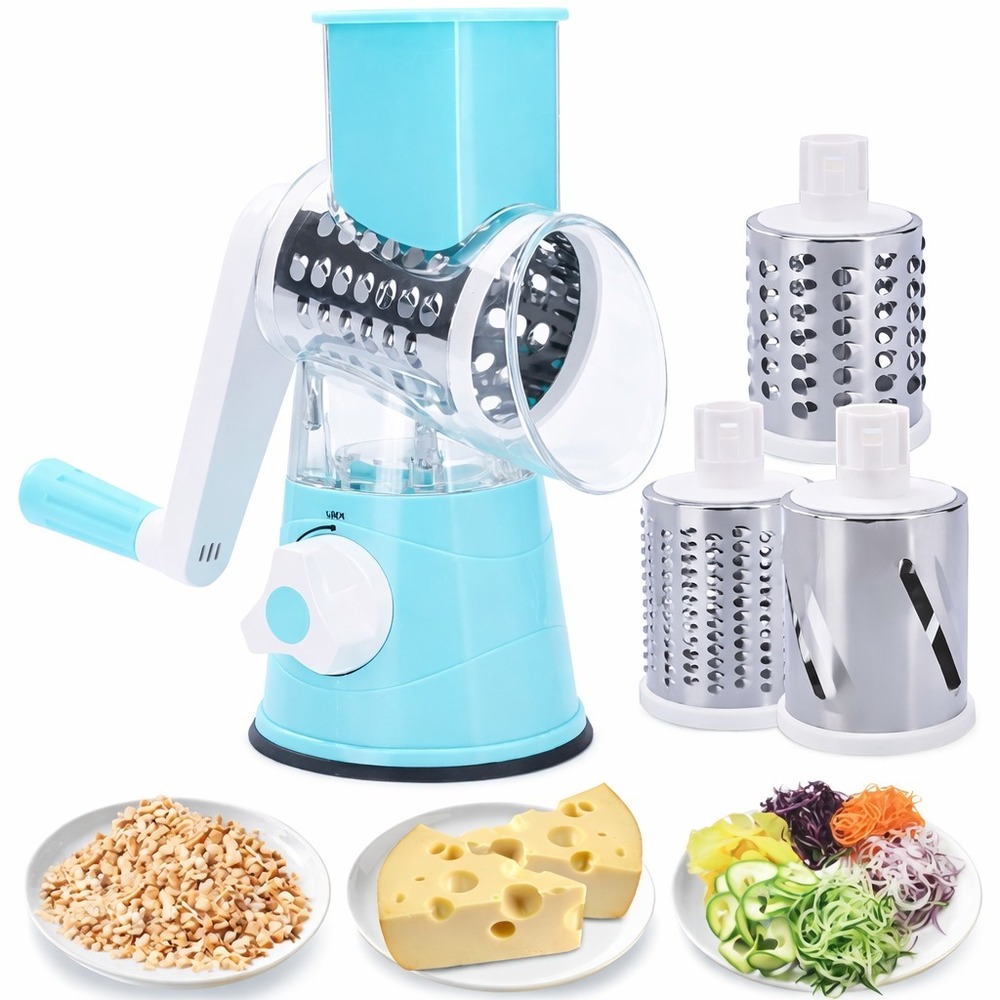 Manual Rotary Vegetable Cutter & Grater 3-Blade – Kitchen Food Slicer, Sky Blue